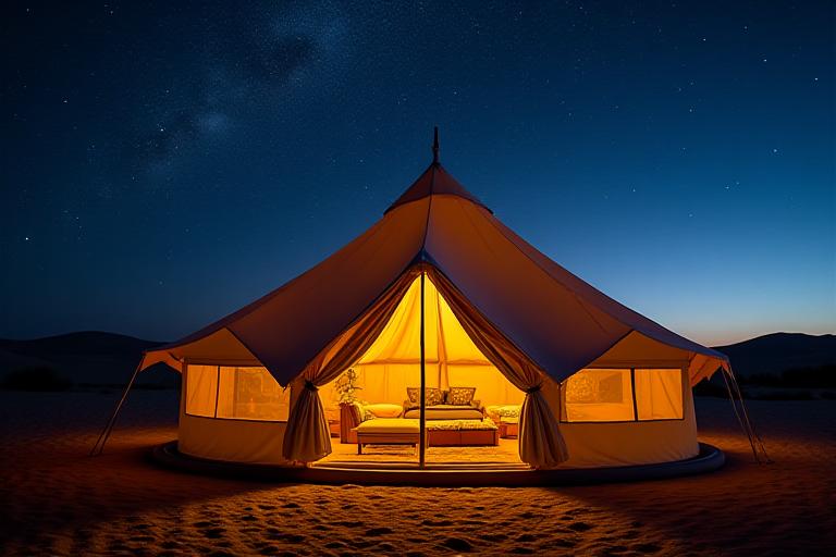 Luxurious Bedouin-style glamping tent illuminated at night in the desert, with starry sky above.