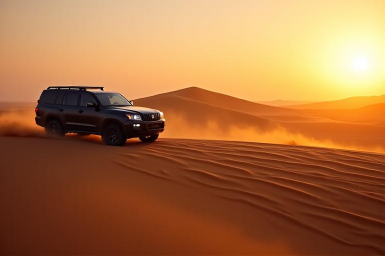 Luxury 4x4 vehicle navigating vast desert dunes at sunset, casting long shadows with golden light.