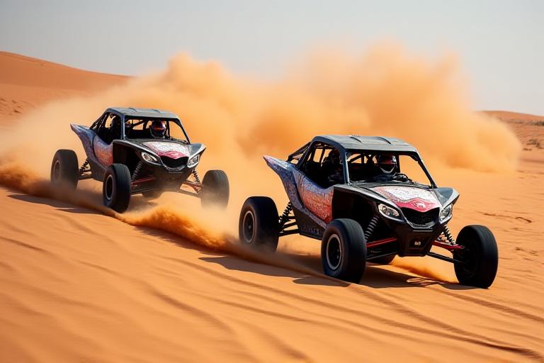 Two high-performance dune buggies kicking up sand in the desert, driven by adventurers wearing helmets.
