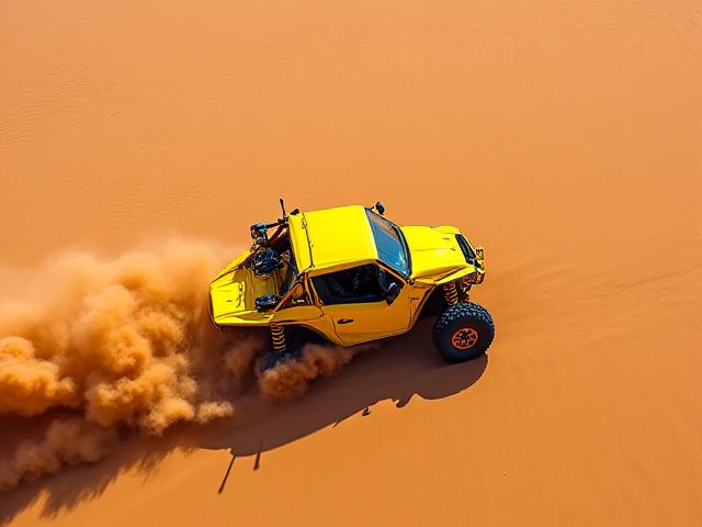 Aerial view of a custom off-road dune buggy kicking up sand in the desert