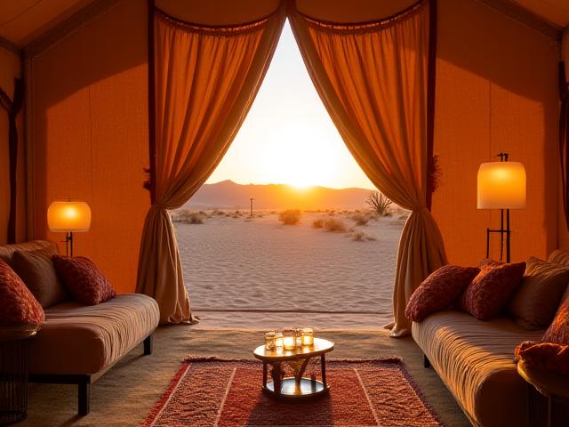 Luxurious Bedouin style glamping tent interior at sunset with golden light