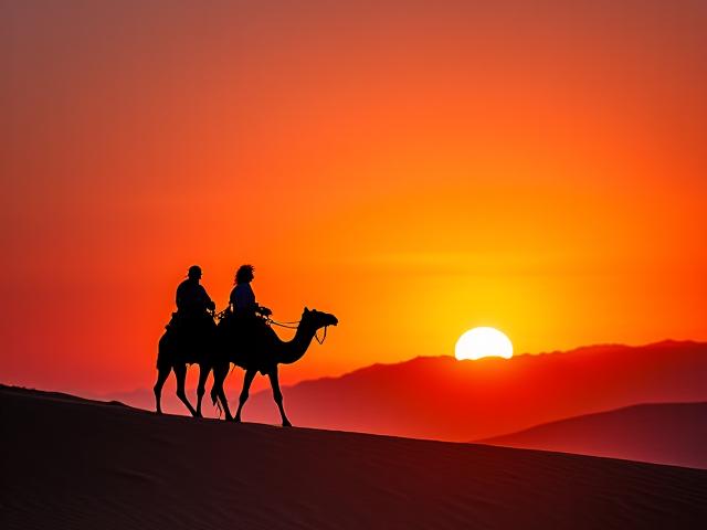 Silhouettes of camels and riders crossing desert dunes at sunset