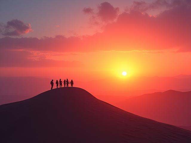 Group of people watching the sunrise over an expansive desert vista from a high dune