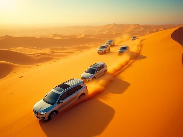 Drone shot of a luxury SUV convoy on an Arabian desert safari