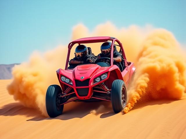Two people joyfully riding a powerful dune buggy through the desert sands