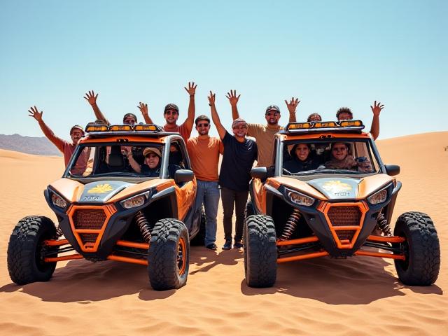 A group of friends posing confidently with their dune buggies before an adventure