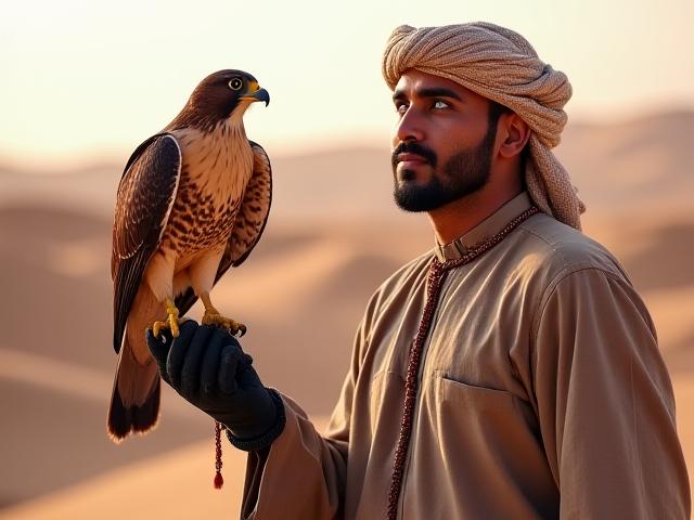 A Bedouin holding an ornate falcon during a cultural desert experience