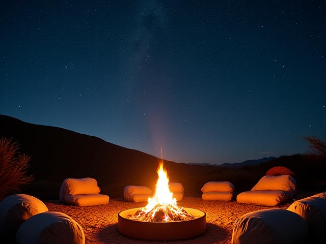 Guests gathered around a warm firepit under a clear, starry desert sky at a glamping site
