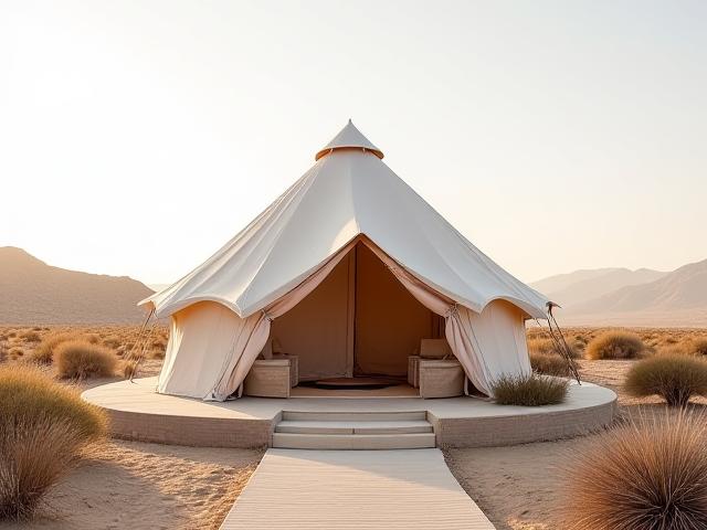 Exterior view of an opulent glamping tent amidst desert landscape with subtle gold decor