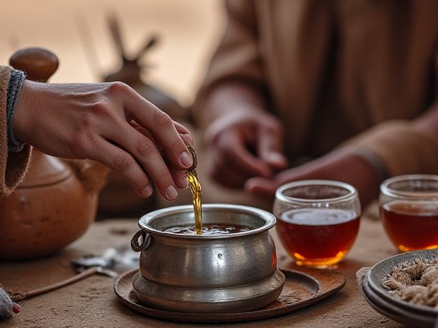 Hands pouring traditional Bedouin tea into small cups in a desert setting