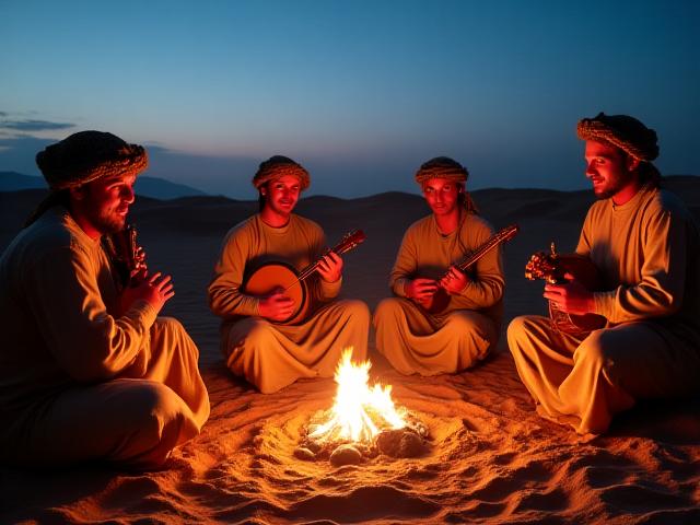 Bedouin musicians playing traditional instruments around a campfire