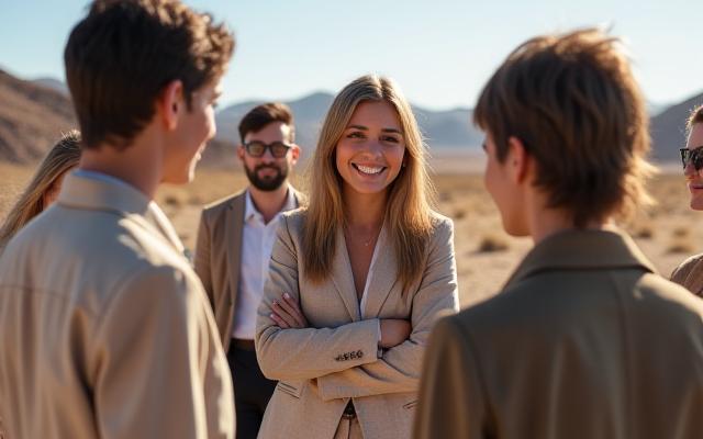 Group of diverse professionals engaging in a team-building activity during a corporate retreat in the desert