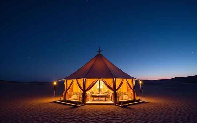 Luxurious Bedouin-style glamping tent illuminated at night under a starry desert sky