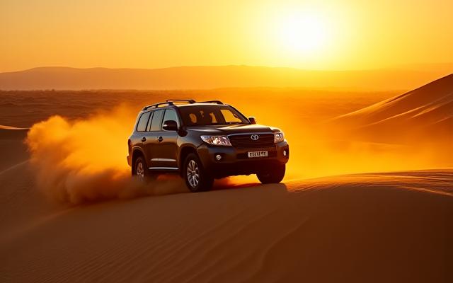 Luxury 4x4 desert safari vehicle driving over golden sand dunes during sunset